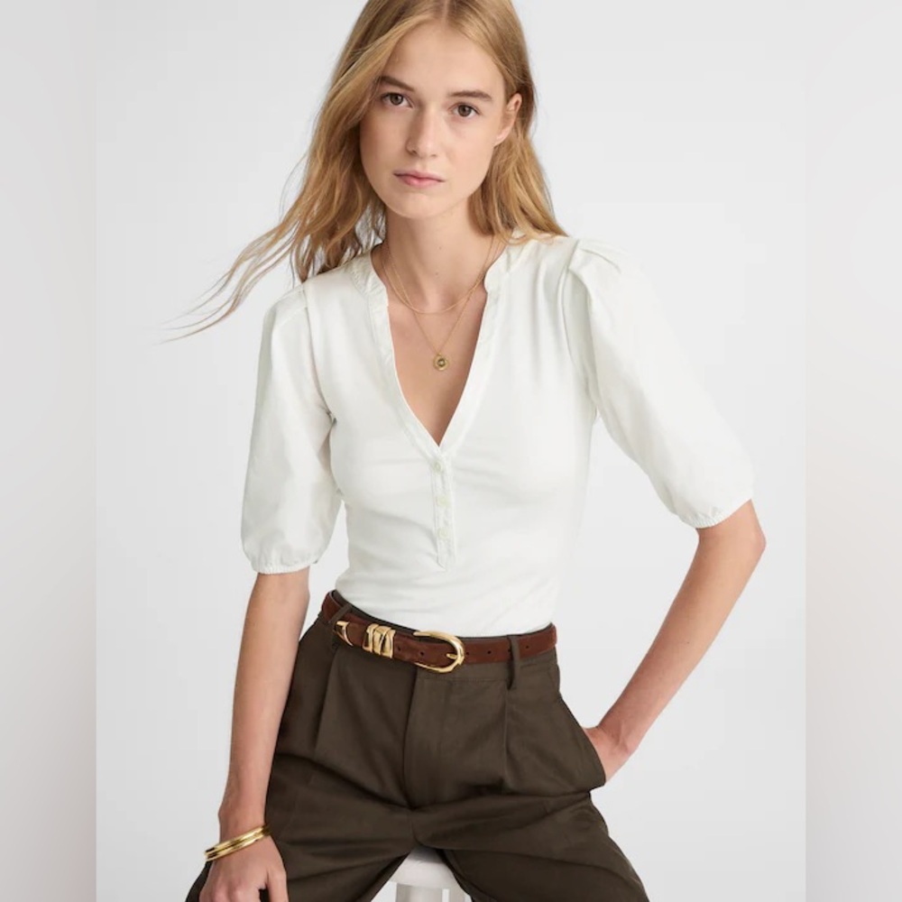 Madewell White Puff-Sleeve Henley Knit Top.  NWT SIZE L